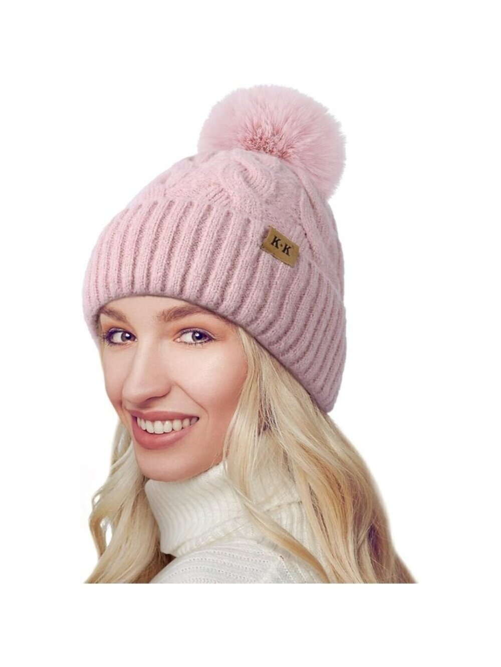 Womens Fleece Lined Knit Winter Hat with Pom Pom Warm Thick Beanie Tuque